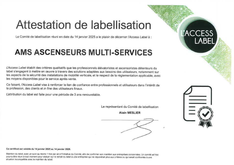 Attestation de labellisation AMS Ascenseurs Multi-Services